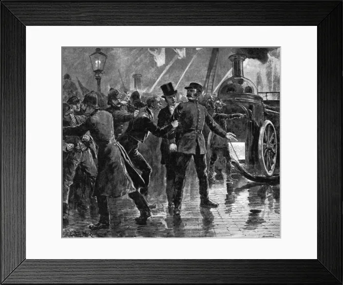 Framed Print : Engraving of a steamer in action during a fire Framed Print : Engraving of a steamer in action during a fire