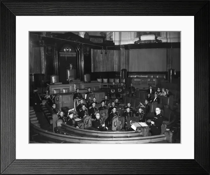 Framed Print : LFB band at LCC Jubilee Reception, County Hall, London