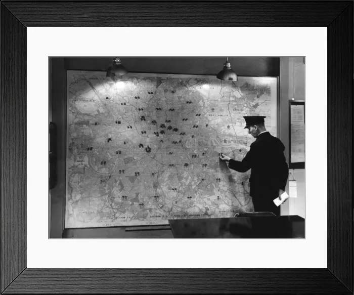 Framed Print : Map of London with fire stations marked, Lambeth HQ Framed Print : Map of London with fire stations marked, Lambeth HQ