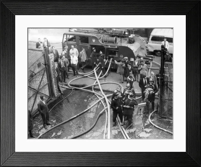 Framed Print : Firefighters at Lyons Maid, Stamford Street, London Framed Print : Firefighters at Lyons Maid, Stamford Street, London