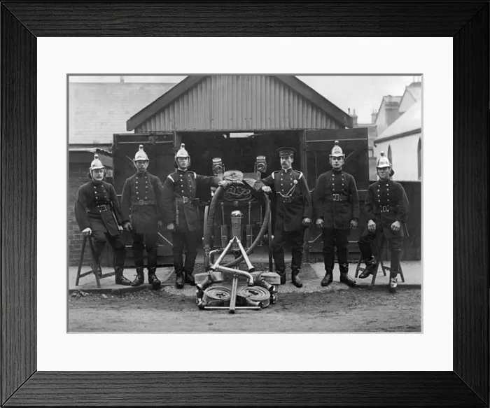 Framed Print : Firefighters with hose and pump equipment Framed Print : Firefighters with hose and pump equipment
