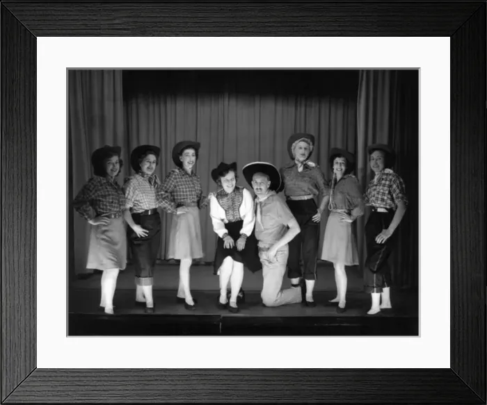 Framed Print : Seven women and a man in cowboy costume Framed Print : Seven women and a man in cowboy costume