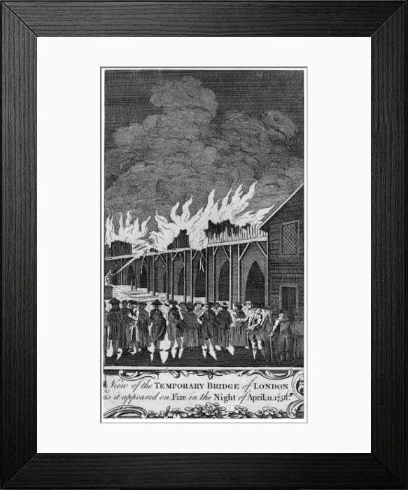 Framed Print : The Temporary London Bridge on fire Framed Print : The Temporary London Bridge on fire