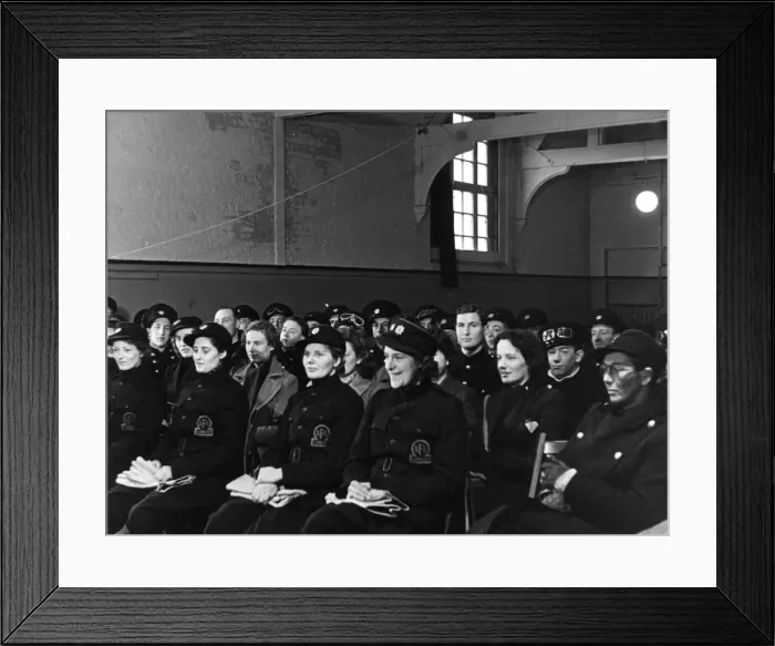 Framed Print : AFS despatch riders at lecture, London, WW2 Framed Print : AFS despatch riders at lecture, London, WW2