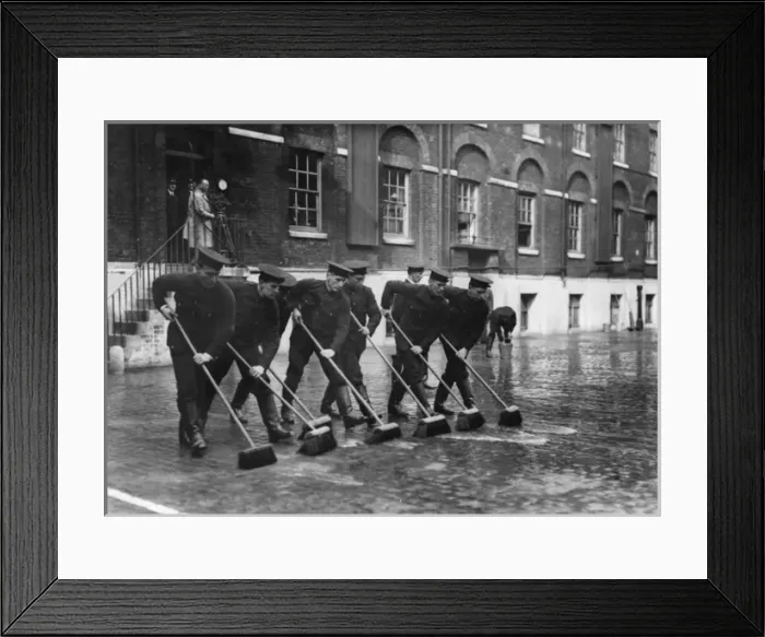Framed Print : Firefighters with sweeping brushes, Southwark HQ Framed Print : Firefighters with sweeping brushes, Southwark HQ