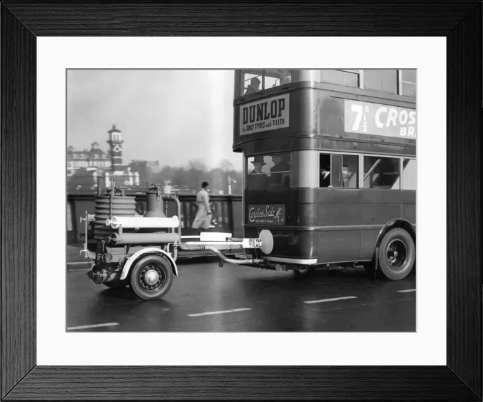 Framed Print : Fire appliance trailer attached to a London bus Framed Print : Fire appliance trailer attached to a London bus