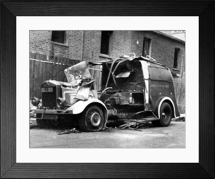 Framed Print : Blitz in London -- bomb damaged pump vehicle, WW2 Framed Print : Blitz in London -- bomb damaged pump vehicle, WW2