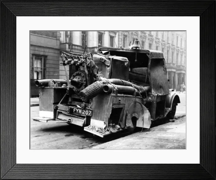 Framed Print : Blitz in London -- damaged fire vehicle, WW2 Framed Print : Blitz in London -- damaged fire vehicle, WW2