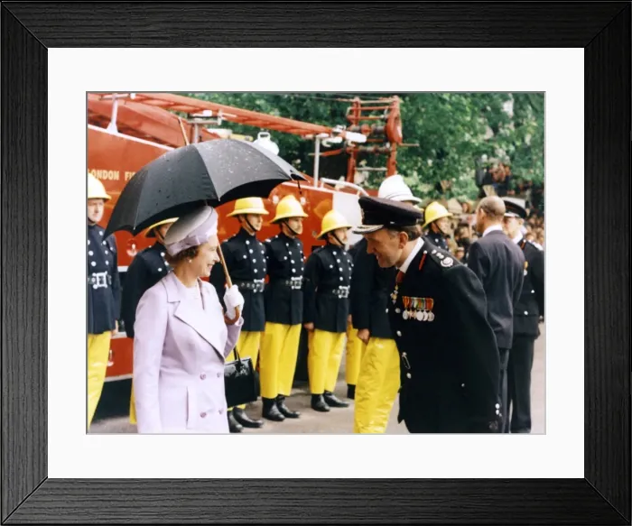 Framed Print : Queen Elizabeth II inspecting firefighters, London Framed Print : Queen Elizabeth II inspecting firefighters, London