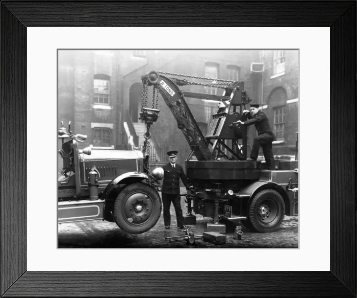 Framed Print : Firefighters operating a Dennis breakdown lorry Framed Print : Firefighters operating a Dennis breakdown lorry