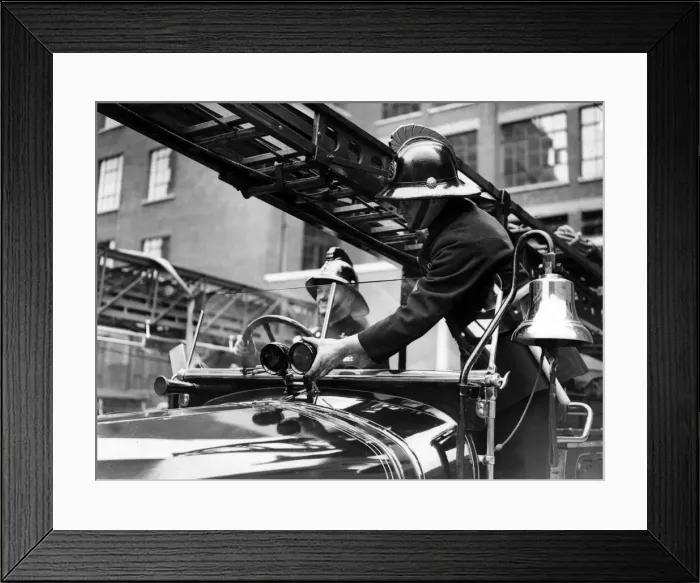 Framed Print : Two firefighters with fire engine Framed Print : Two firefighters with fire engine