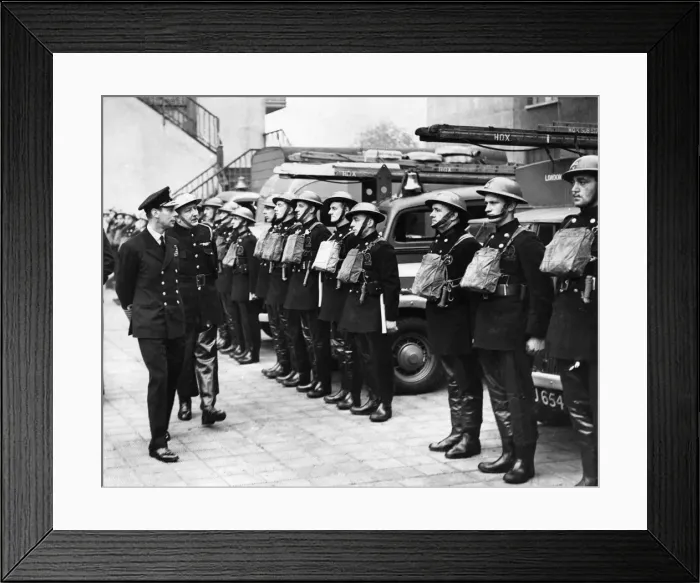 Framed Print : King George VI inspecting firefighters on parade, WW2