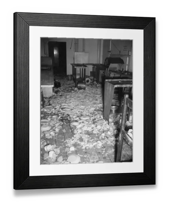Framed Print : Broken crockery after a fire, Rochester Way, SE London Framed Print : Broken crockery after a fire, Rochester Way, SE London