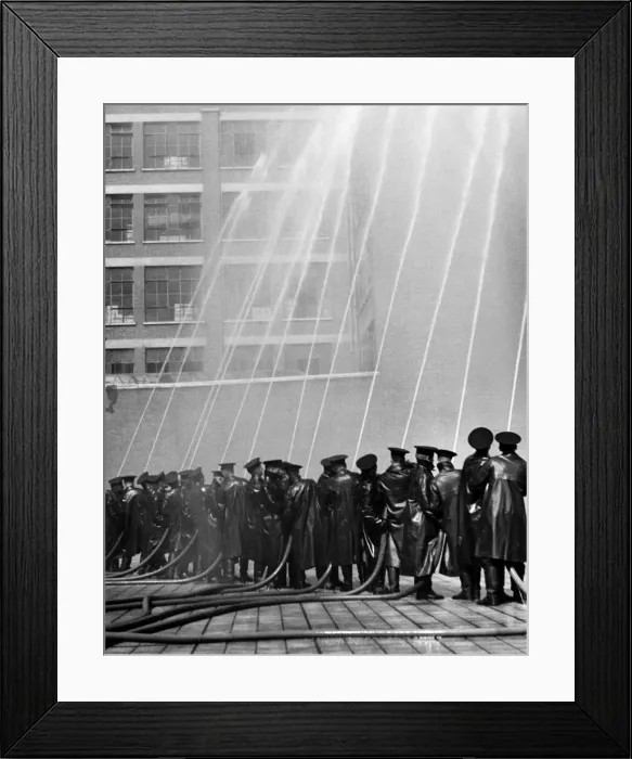 Framed Print : LFB firefighters in multi-hose display Framed Print : LFB firefighters in multi-hose display