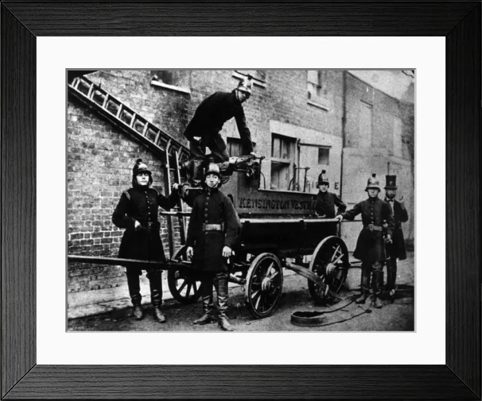 Framed Print : Kensington Vestry firefighters with trailer pump Framed Print : Kensington Vestry firefighters with trailer pump