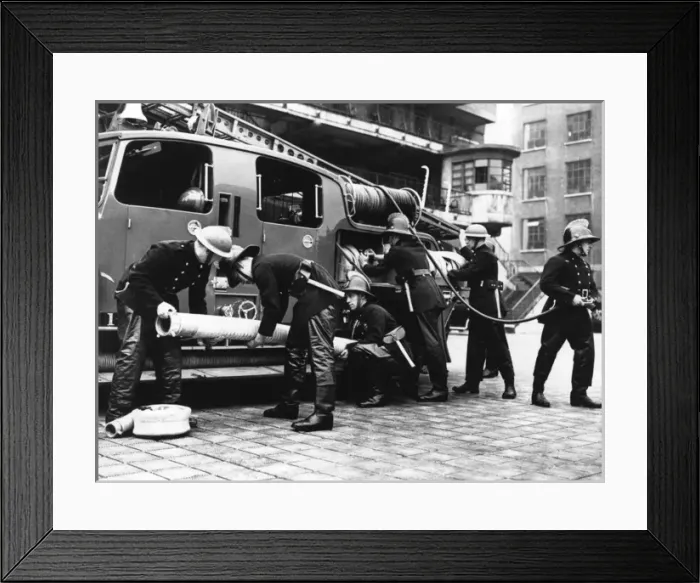 Framed Print : Firefighters with fire engine and appliances, WW2 Framed Print : Firefighters with fire engine and appliances, WW2