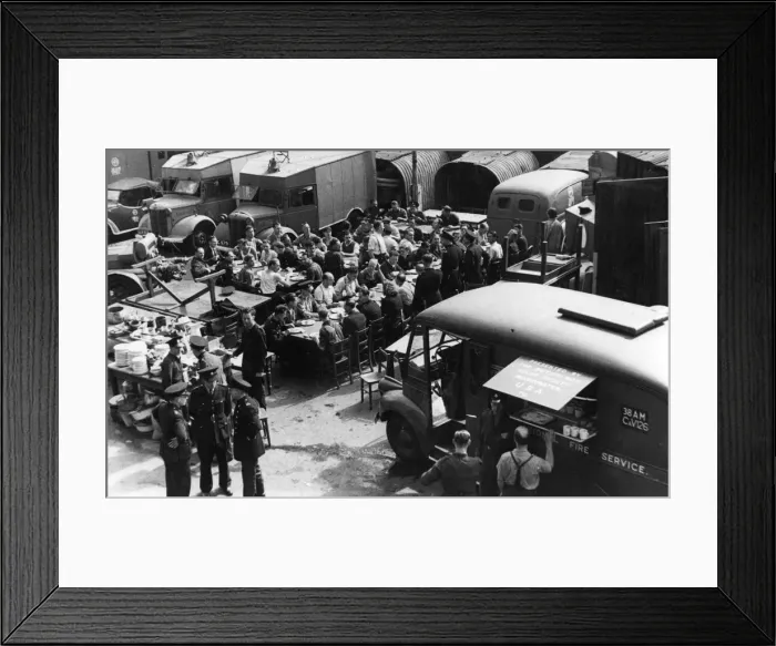Framed Print : Fire station staff in meal break, London, WW2 Framed Print : Fire station staff in meal break, London, WW2