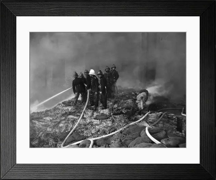 Framed Print : Firefighters in action with hosepipes, Poplar, East London Framed Print : Firefighters in action with hosepipes, Poplar, East London