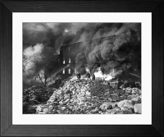Framed Print : Firefighters in action with hosepipes, Poplar, East London Framed Print : Firefighters in action with hosepipes, Poplar, East London