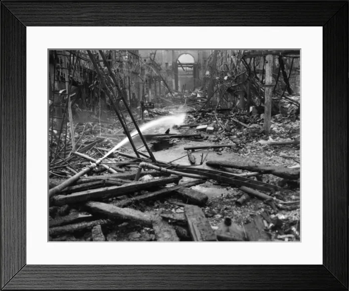Framed Print : Aftermath of major fire, Smithfield Poultry Market, London Framed Print : Aftermath of major fire, Smithfield Poultry Market, London