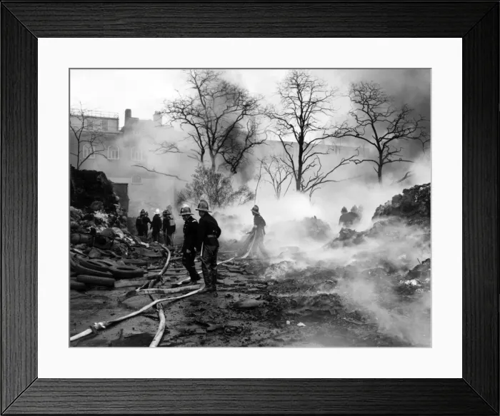 Framed Print : Firefighters in action with hosepipes, Poplar, East London Framed Print : Firefighters in action with hosepipes, Poplar, East London