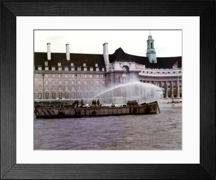 Framed Print : LFB fireboat in action outside County Hall, London Framed Print : LFB fireboat in action outside County Hall, London