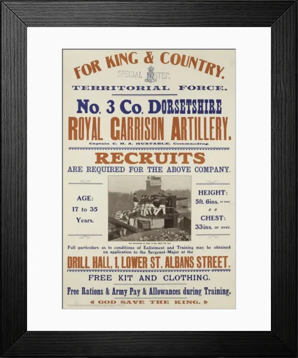 Framed Print : Recruiting poster, No 3 Coy Dorset Royal Garrison Artillery Framed Print : Recruiting poster, No 3 Coy Dorset Royal Garrison Artillery