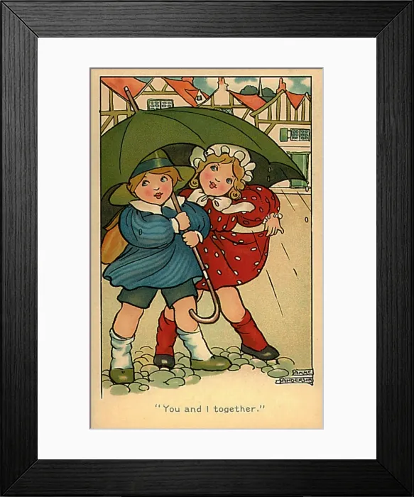 Framed Print : Boy & girl under an umbrella Framed Print : Boy & girl under an umbrella