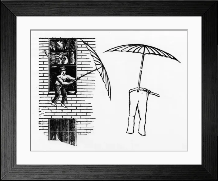Framed Print : Engraving of man escaping fire via parachute Framed Print : Engraving of man escaping fire via parachute