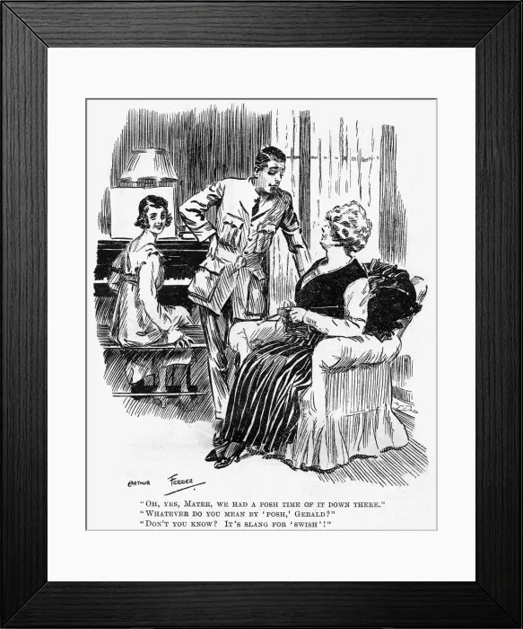 Framed Print : Mother knitting during WW1, cartoon Framed Print : Mother knitting during WW1, cartoon
