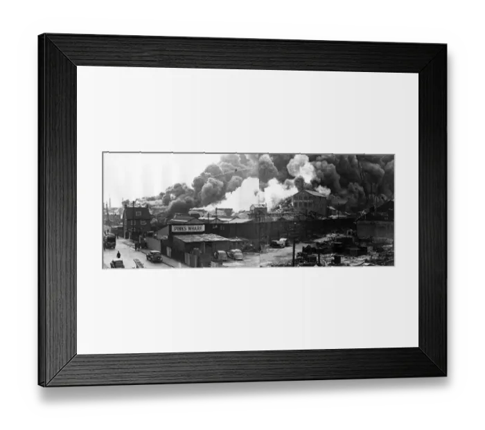 Framed Print : Fire at supply depot, Limmer Wharf, Barking, Essex Framed Print : Fire at supply depot, Limmer Wharf, Barking, Essex