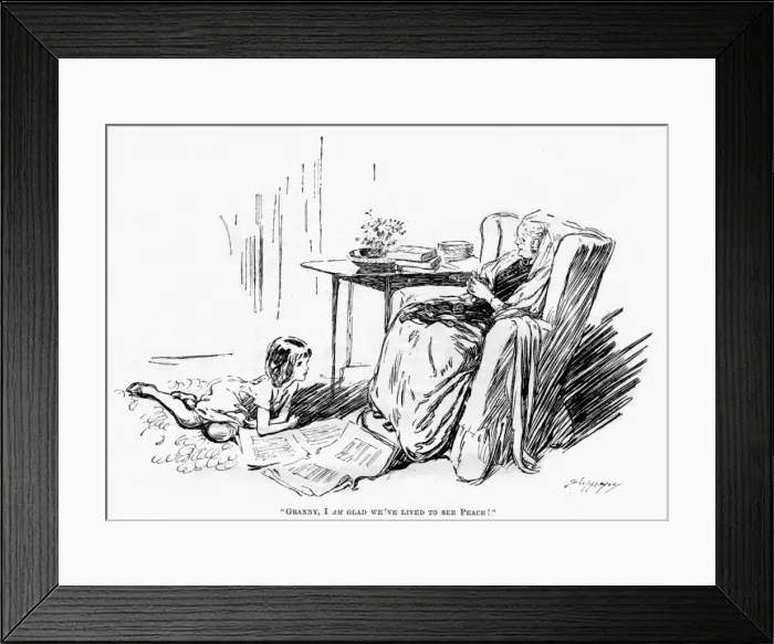 Framed Print : WW1 knitting and the end of the war, cartoon Framed Print : WW1 knitting and the end of the war, cartoon