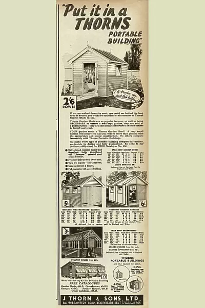 Advert for J. Thorn & Sons portable sheds and greenhouses