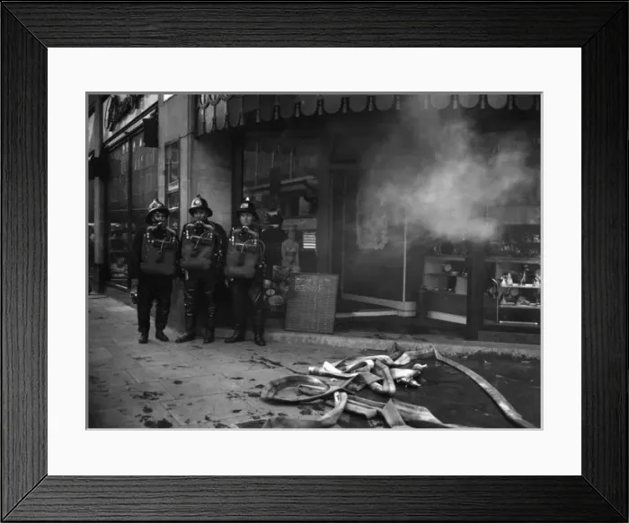 Framed Print : Firefighters in breathing apparatus, Oxford Street, London Framed Print : Firefighters in breathing apparatus, Oxford Street, London