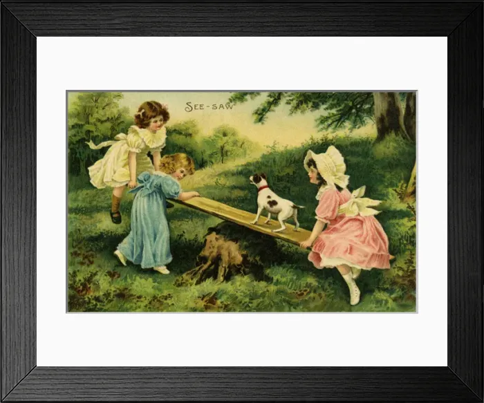 Framed Print : See-Saw. Children in period costume playing see-saw with their puppy dog. Date: 1907 Framed Print : See-Saw. Children in period costume playing see-saw with their puppy dog. Date: 1907