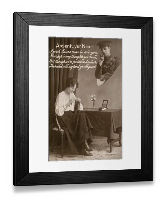 Framed Print : WW1 knitting postcard - Absent yet Near Framed Print : WW1 knitting postcard - Absent yet Near
