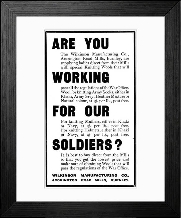 Framed Print : Wilkinson Manufacturing Co knitting wools for WW1 comforts Framed Print : Wilkinson Manufacturing Co knitting wools for WW1 comforts