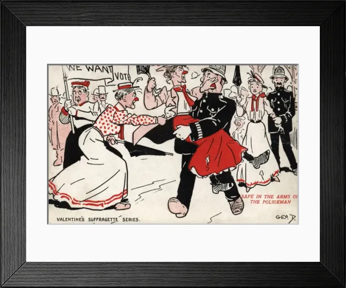 Framed Print : Suffragette, Safe in the Arms of a Policeman Framed Print : Suffragette, Safe in the Arms of a Policeman