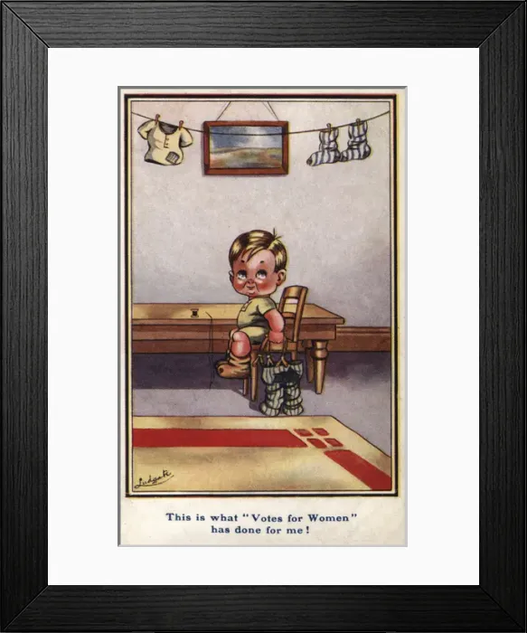 Framed Print : Suffragette Boy On Chair Sewing Framed Print : Suffragette Boy On Chair Sewing