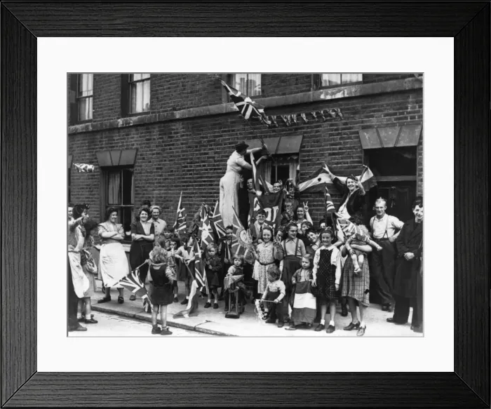Framed Print : Street celebration with flags, VE Day Framed Print : Street celebration with flags, VE Day