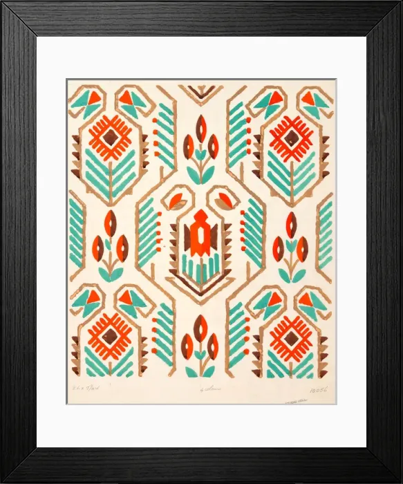 Framed Print : Design for Woven Textile in red and turquoise Framed Print : Design for Woven Textile in red and turquoise