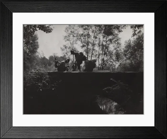 Framed Print : French boy scouts on a bridge over a river Framed Print : French boy scouts on a bridge over a river