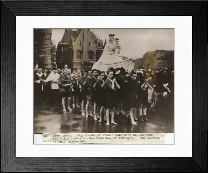 Framed Print : French scouts with statue of Madonna and Child, Boulogne Framed Print : French scouts with statue of Madonna and Child, Boulogne