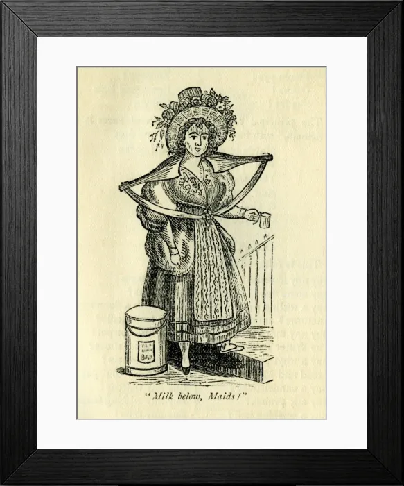 Framed Print : Milkmaid. Milk below maids. Milkmaid selling milk door-to-door Framed Print : Milkmaid. Milk below maids. Milkmaid selling milk door-to-door