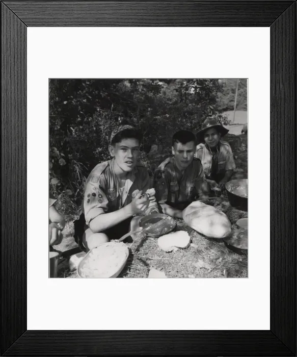 Framed Print : French scouts eating from earth table Framed Print : French scouts eating from earth table
