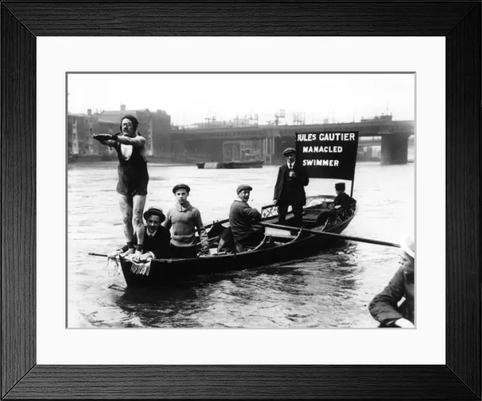 Framed Print : Jules Gautier, stunt swimmer, with boat crew Framed Print : Jules Gautier, stunt swimmer, with boat crew