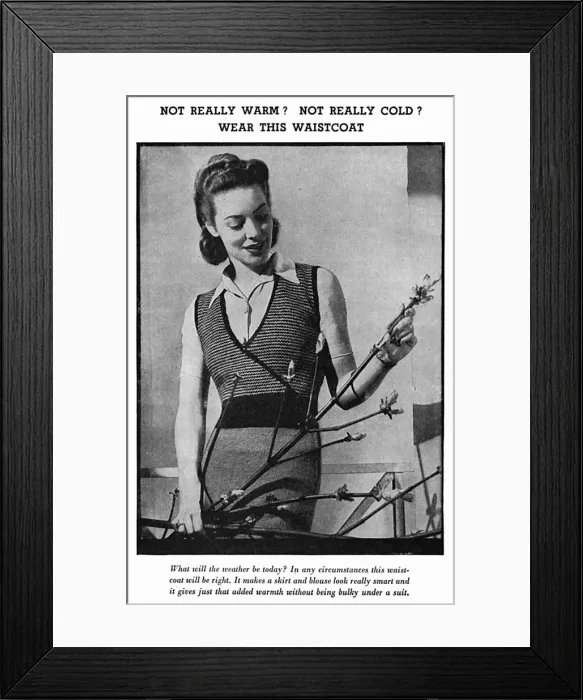 Framed Print : Knitted sleeveless waistcoat, circa 1941 Framed Print : Knitted sleeveless waistcoat, circa 1941