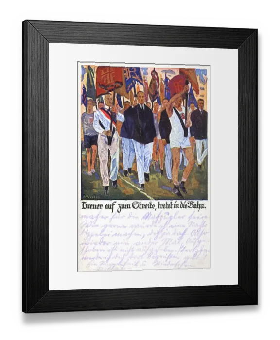 Framed Print : German postcard, athletes carrying flags Framed Print : German postcard, athletes carrying flags