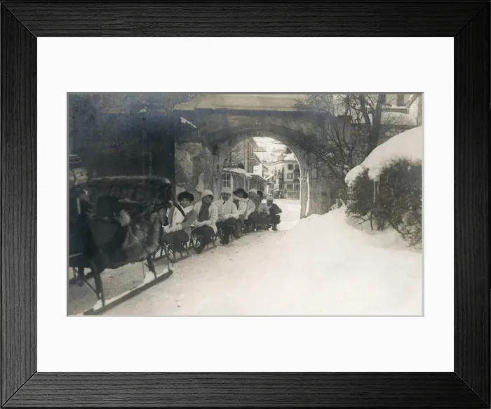 Framed Print : People on sledges in snow, Switzerland Framed Print : People on sledges in snow, Switzerland