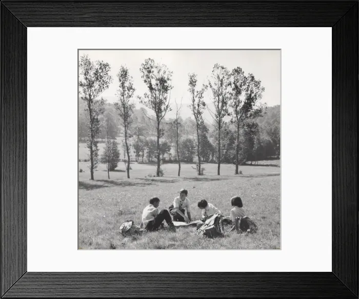 Framed Print : French cub scouts, three boys and a girl, in a field Framed Print : French cub scouts, three boys and a girl, in a field